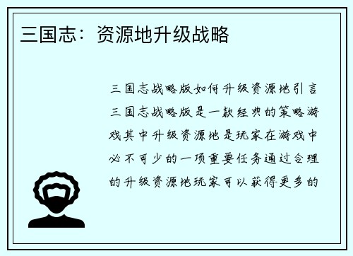 三国志：资源地升级战略